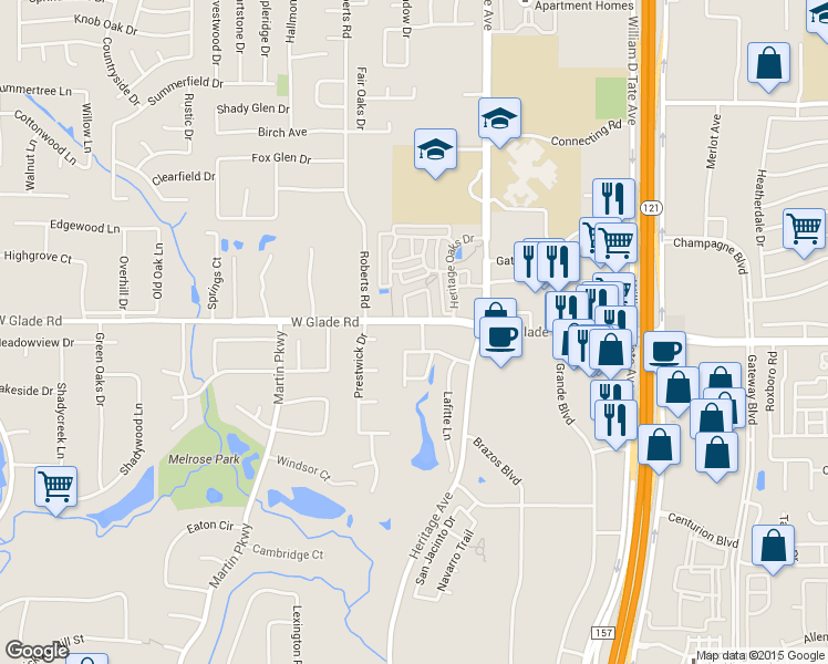 map of restaurants, bars, coffee shops, grocery stores, and more near 3801 Glade Road in Colleyville