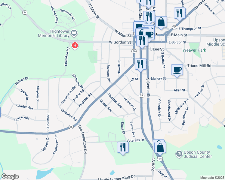 map of restaurants, bars, coffee shops, grocery stores, and more near 519 South Green Street in Thomaston
