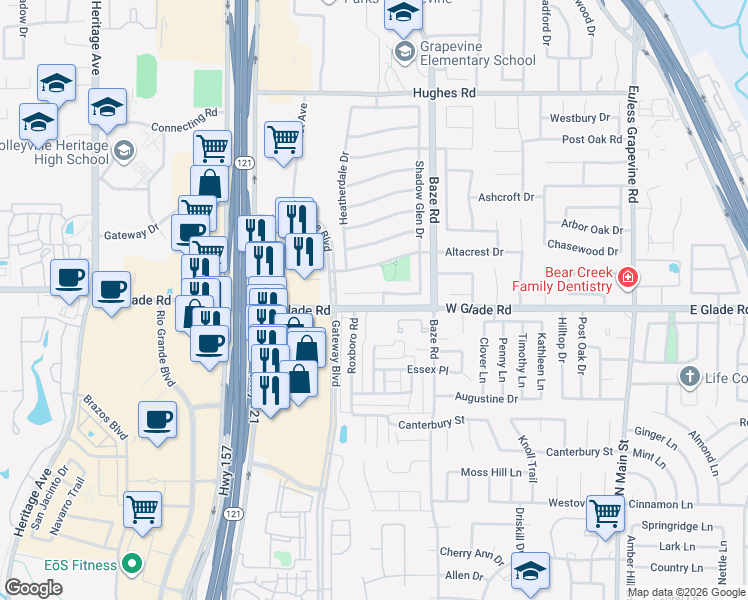 map of restaurants, bars, coffee shops, grocery stores, and more near 1833 Glen Wood Drive in Grapevine