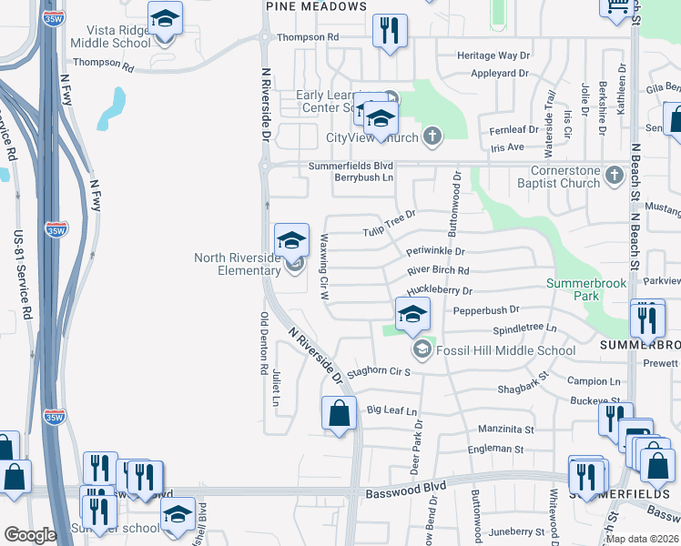 map of restaurants, bars, coffee shops, grocery stores, and more near 3712 Periwinkle Drive in Fort Worth