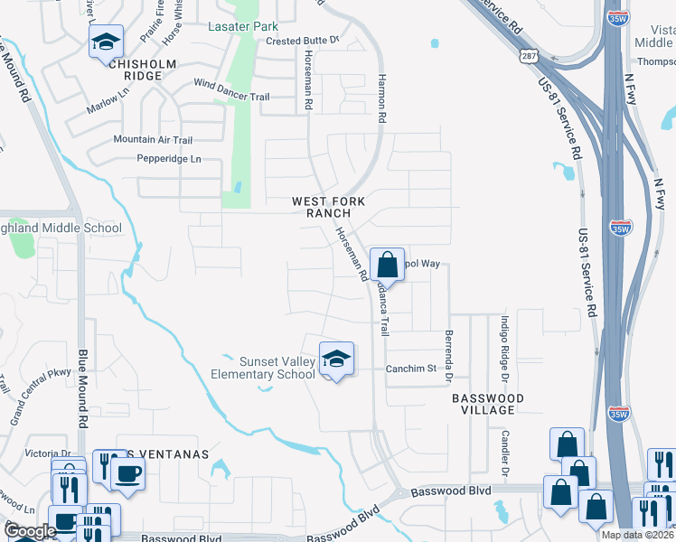 map of restaurants, bars, coffee shops, grocery stores, and more near 2101 Chiangus Trail in Fort Worth