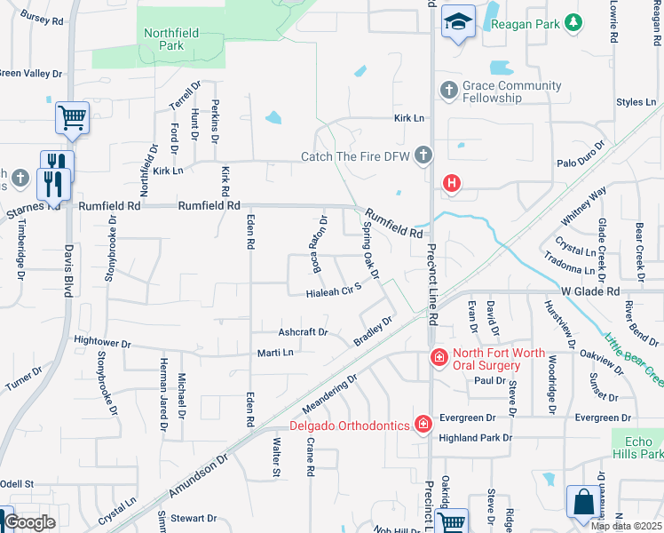 map of restaurants, bars, coffee shops, grocery stores, and more near 7317 Fallen Oak Drive in North Richland Hills
