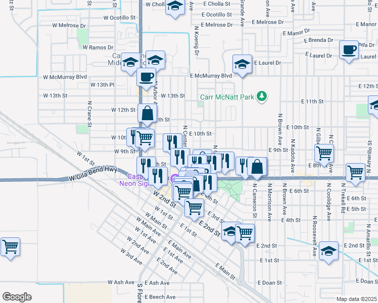 map of restaurants, bars, coffee shops, grocery stores, and more near 820 North Center Avenue in Casa Grande