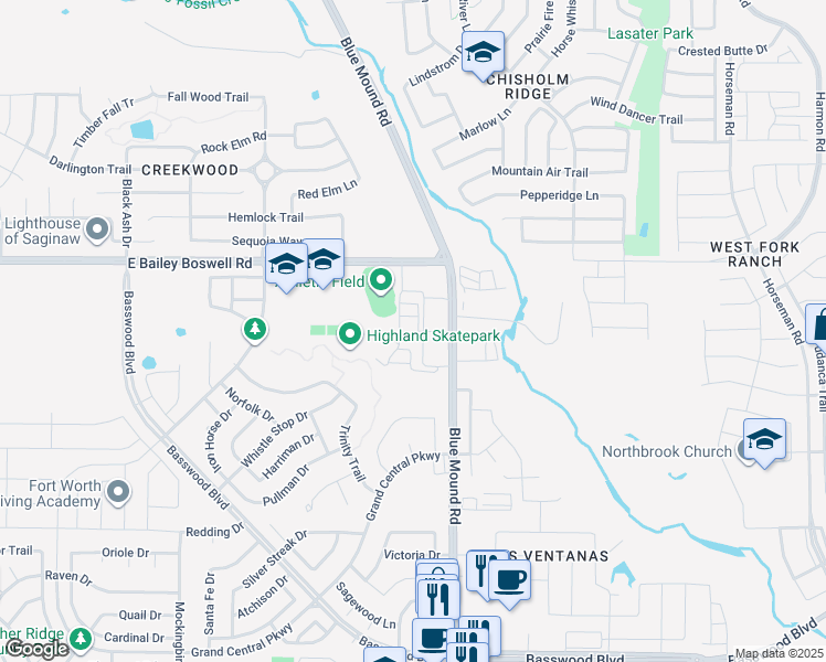 map of restaurants, bars, coffee shops, grocery stores, and more near 8389 North Blue Mound Road in Fort Worth