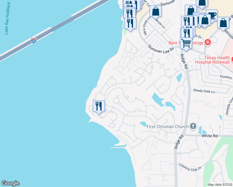 map of restaurants, bars, coffee shops, grocery stores, and more near 442 Columbia Drive in Rockwall
