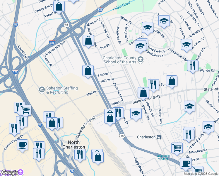 map of restaurants, bars, coffee shops, grocery stores, and more near 2013 Clifton Street in North Charleston