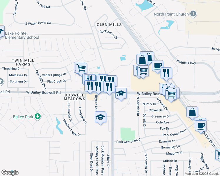map of restaurants, bars, coffee shops, grocery stores, and more near 8701 Old Decatur Road in Fort Worth