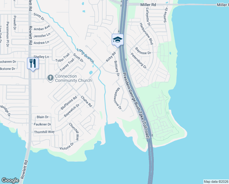 map of restaurants, bars, coffee shops, grocery stores, and more near 4401 Meadowcove Drive in Rowlett