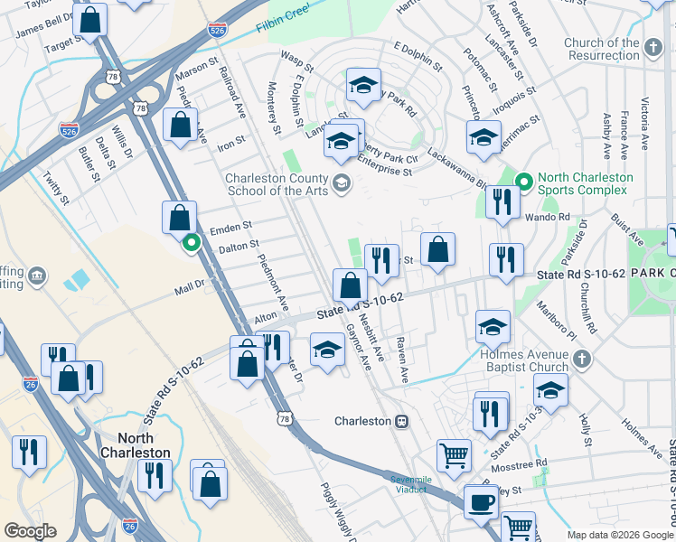map of restaurants, bars, coffee shops, grocery stores, and more near 4855 Nesbitt Avenue in North Charleston