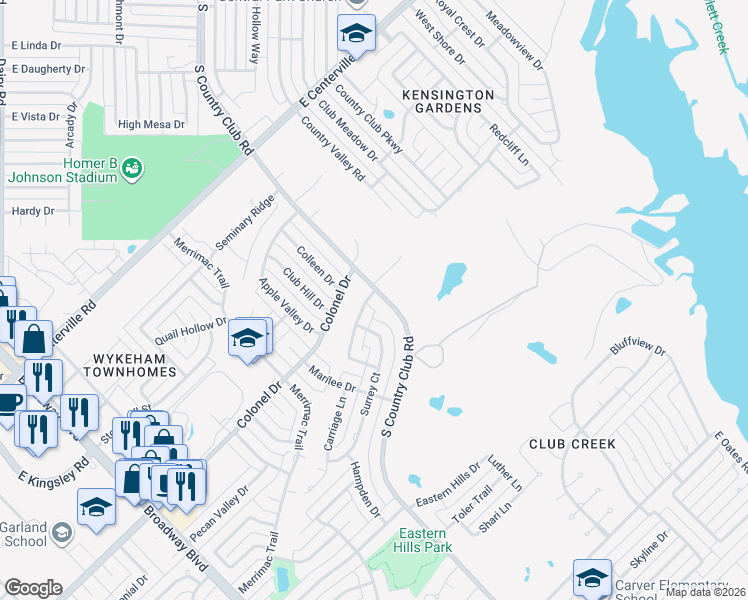 map of restaurants, bars, coffee shops, grocery stores, and more near 2901 South Country Club Road in Garland