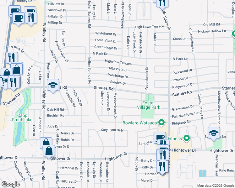 map of restaurants, bars, coffee shops, grocery stores, and more near 7612 Meadowbrook Dr in Watauga