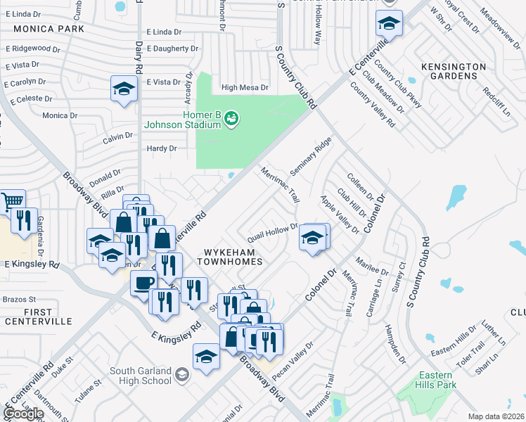 map of restaurants, bars, coffee shops, grocery stores, and more near 1106 Seminary Ridge in Garland