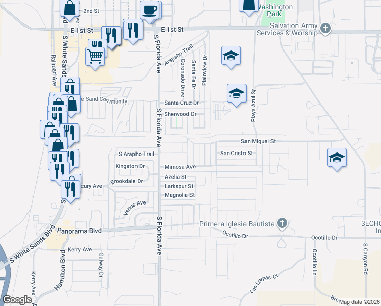 map of restaurants, bars, coffee shops, grocery stores, and more near 843 San Miguel Street in Alamogordo