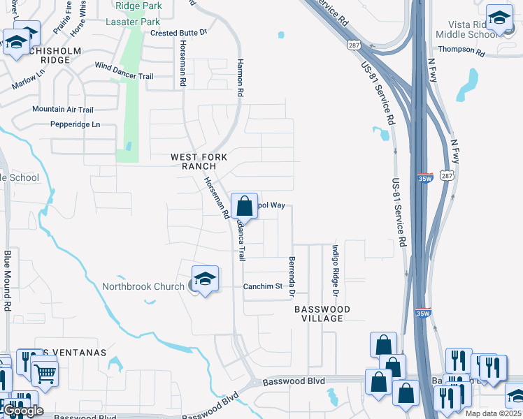 map of restaurants, bars, coffee shops, grocery stores, and more near 2324 Senepol Way in Fort Worth