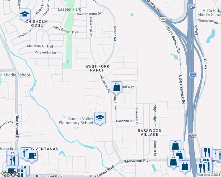 map of restaurants, bars, coffee shops, grocery stores, and more near 7801 Tudanca Trail in Fort Worth