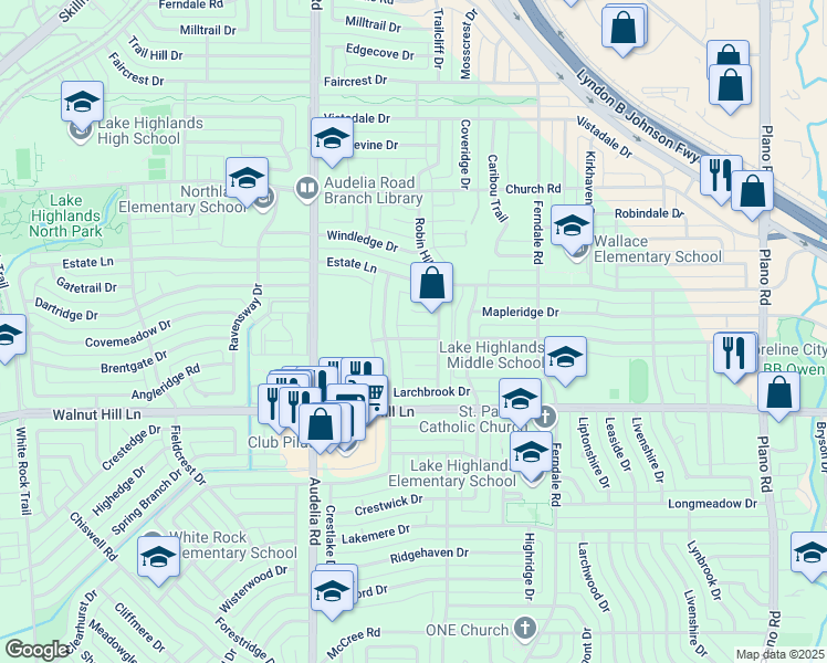 map of restaurants, bars, coffee shops, grocery stores, and more near 9935 Knoll Krest Drive in Dallas