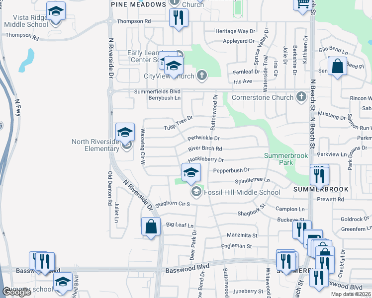 map of restaurants, bars, coffee shops, grocery stores, and more near 3917 River Birch Road in Fort Worth