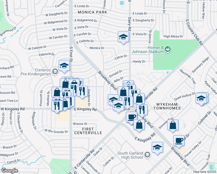map of restaurants, bars, coffee shops, grocery stores, and more near 2831 Rilla Drive in Garland