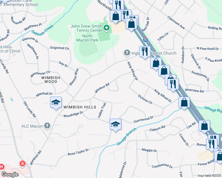 map of restaurants, bars, coffee shops, grocery stores, and more near 770 Downing St in Macon