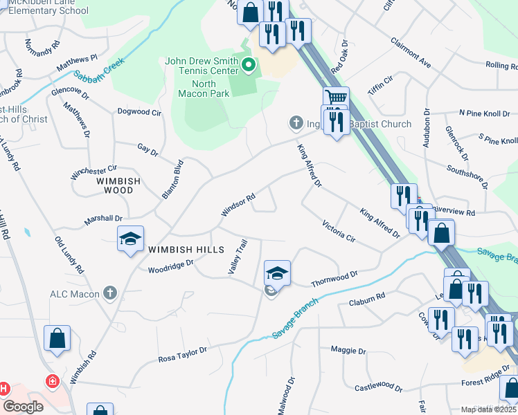 map of restaurants, bars, coffee shops, grocery stores, and more near 770 Downing Street in Macon