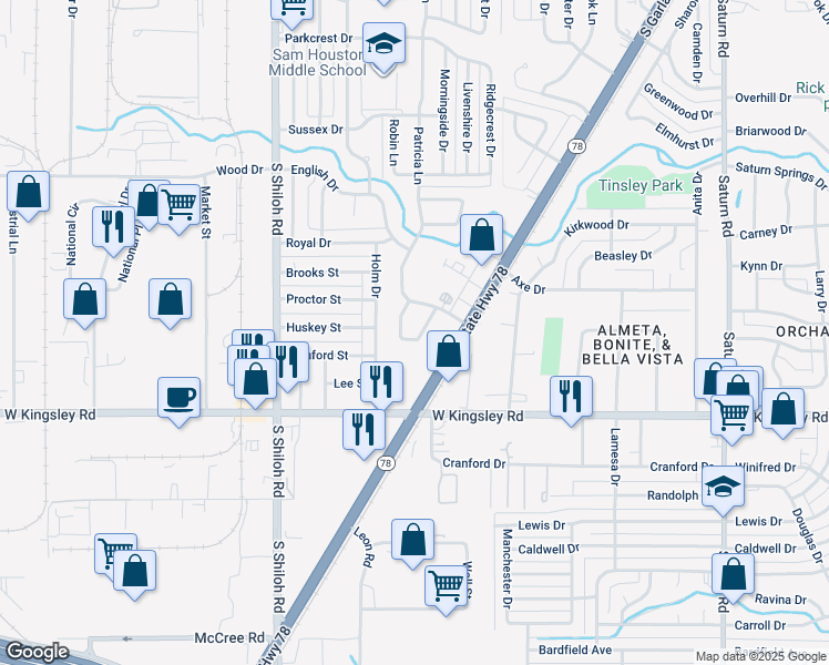 map of restaurants, bars, coffee shops, grocery stores, and more near 2813 Wimbledon Court in Garland