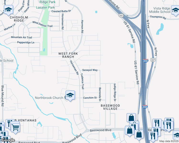 map of restaurants, bars, coffee shops, grocery stores, and more near 2324 Senepol Way in Fort Worth