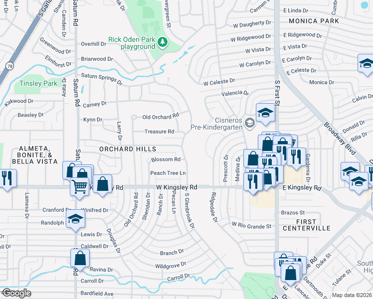 map of restaurants, bars, coffee shops, grocery stores, and more near 2832 South Glenbrook Drive in Garland