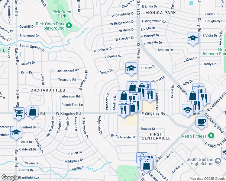 map of restaurants, bars, coffee shops, grocery stores, and more near 516 Prescott Drive in Garland