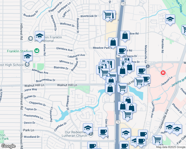 map of restaurants, bars, coffee shops, grocery stores, and more near 9803 Kingsway Avenue in Dallas