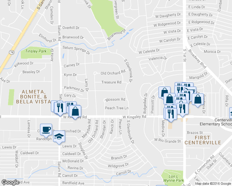 map of restaurants, bars, coffee shops, grocery stores, and more near 800 Parkmont Drive in Garland