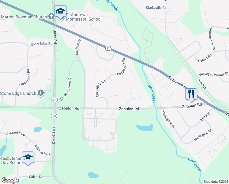 map of restaurants, bars, coffee shops, grocery stores, and more near 158 Tattershall Court in Macon