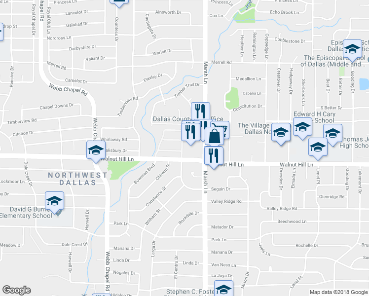 map of restaurants, bars, coffee shops, grocery stores, and more near 10020 Glenrio Lane in Dallas