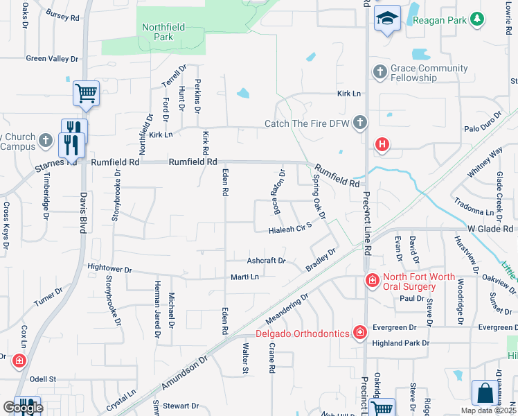 map of restaurants, bars, coffee shops, grocery stores, and more near 7312 Hialeah Circle North in Fort Worth