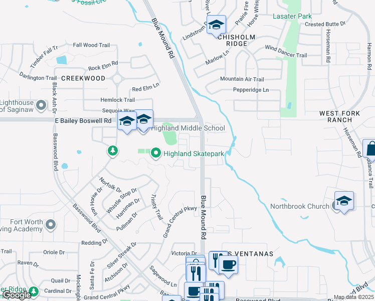 map of restaurants, bars, coffee shops, grocery stores, and more near 8389 North Blue Mound Road in Fort Worth