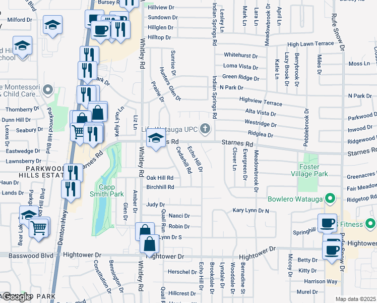map of restaurants, bars, coffee shops, grocery stores, and more near 7617 Echo Hill Drive in Watauga