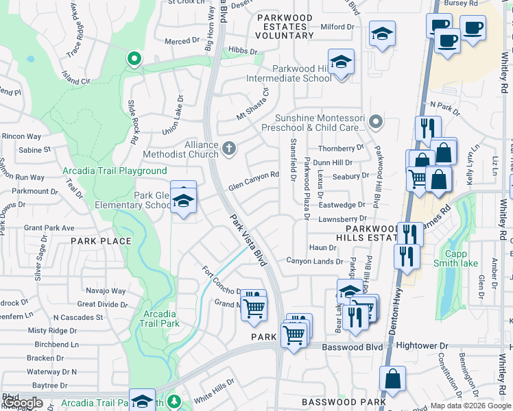 map of restaurants, bars, coffee shops, grocery stores, and more near 5421 Catlow Valley Road in Fort Worth