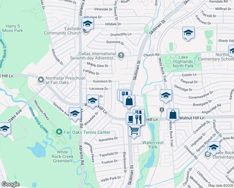 map of restaurants, bars, coffee shops, grocery stores, and more near 7227 Pleasant View Drive in Dallas