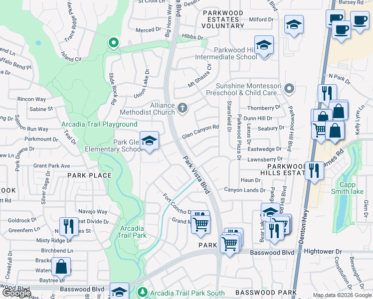 map of restaurants, bars, coffee shops, grocery stores, and more near 7825 Lake Meredith Way in Fort Worth