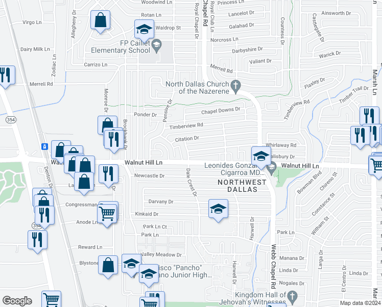 map of restaurants, bars, coffee shops, grocery stores, and more near 3108 Whirlaway Road in Dallas