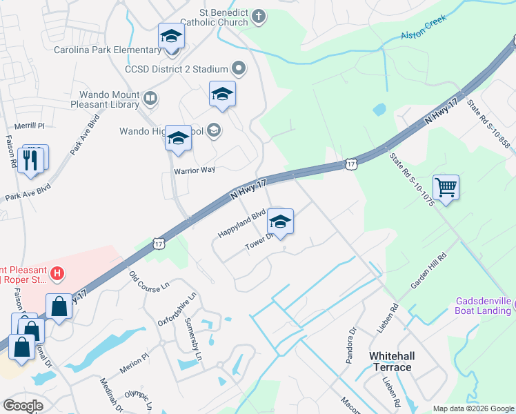 map of restaurants, bars, coffee shops, grocery stores, and more near 3666 Happyland Boulevard in Mount Pleasant