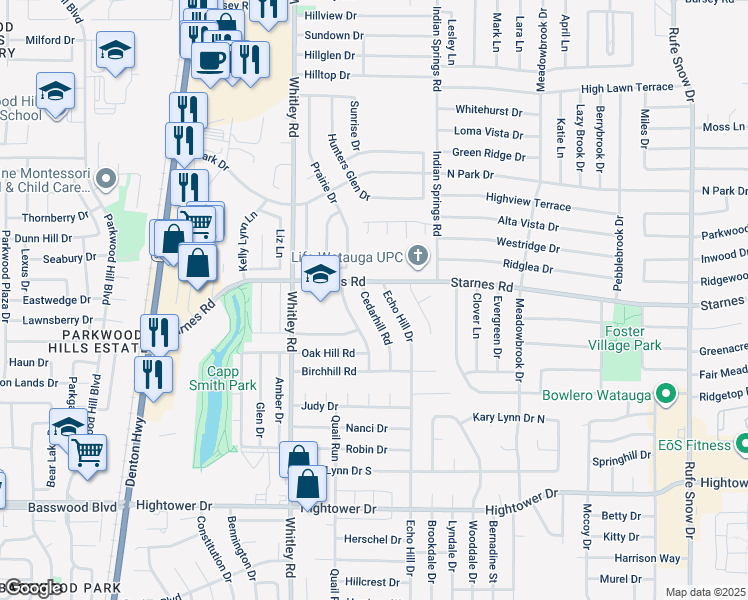 map of restaurants, bars, coffee shops, grocery stores, and more near 7617 Echo Hill Drive in Watauga