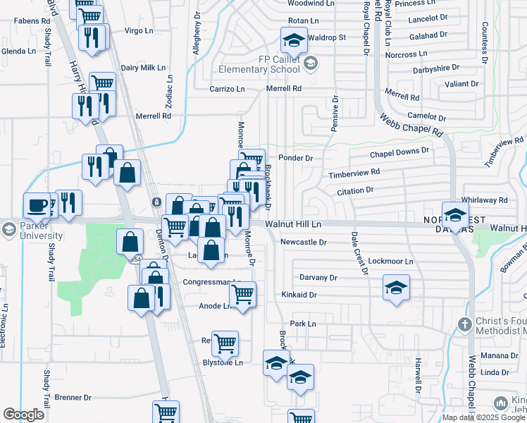 map of restaurants, bars, coffee shops, grocery stores, and more near 10015 Brockbank Drive in Dallas