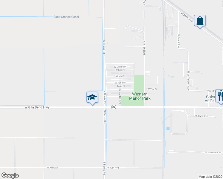 map of restaurants, bars, coffee shops, grocery stores, and more near 1386 West Rose Place in Casa Grande