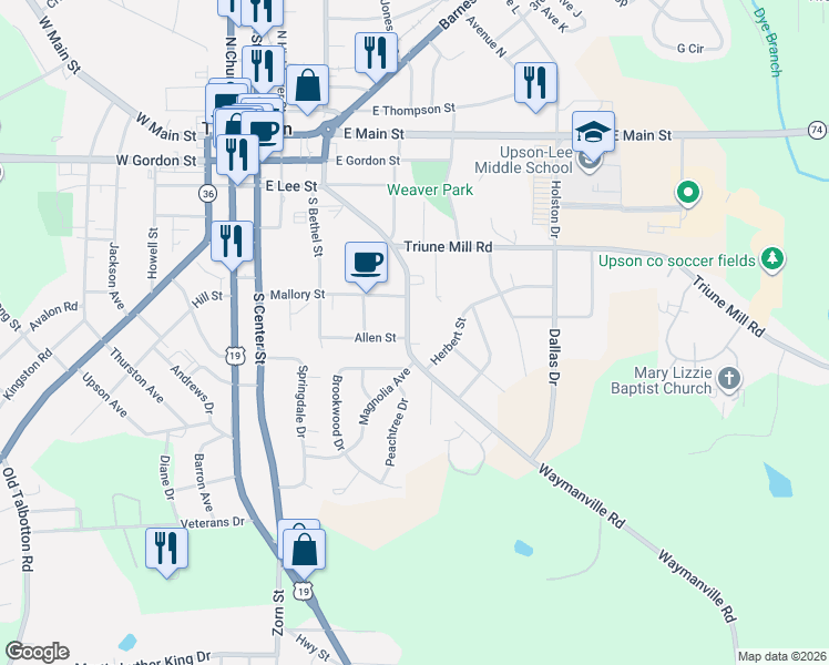 map of restaurants, bars, coffee shops, grocery stores, and more near 107 Herbert Street in Thomaston