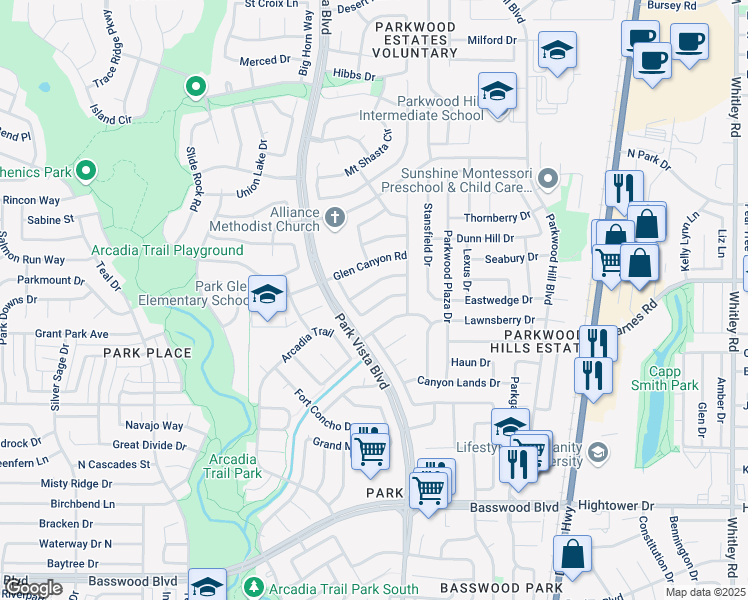 map of restaurants, bars, coffee shops, grocery stores, and more near 5421 Catlow Valley Road in Fort Worth