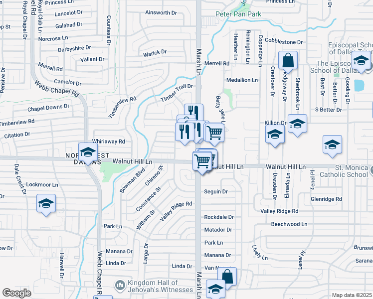 map of restaurants, bars, coffee shops, grocery stores, and more near 10031 Marsh Lane in Dallas