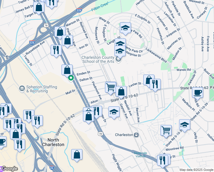 map of restaurants, bars, coffee shops, grocery stores, and more near 1904 Bolton Street in North Charleston