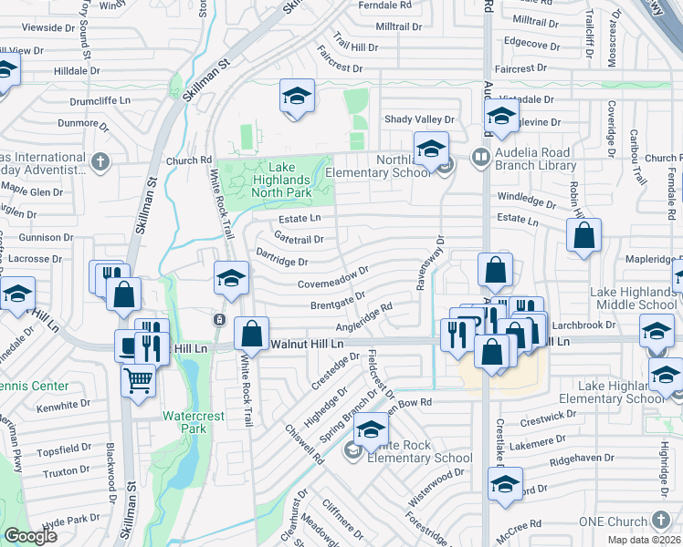 map of restaurants, bars, coffee shops, grocery stores, and more near 9545 Covemeadow Drive in Dallas