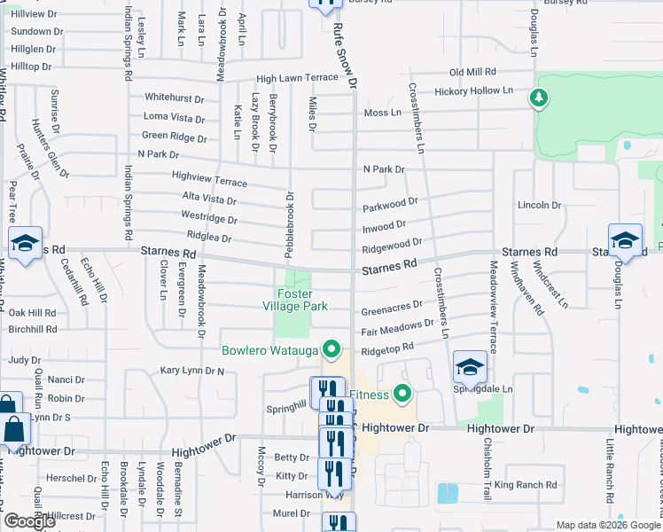 map of restaurants, bars, coffee shops, grocery stores, and more near 6641 Starnes Road in Watauga