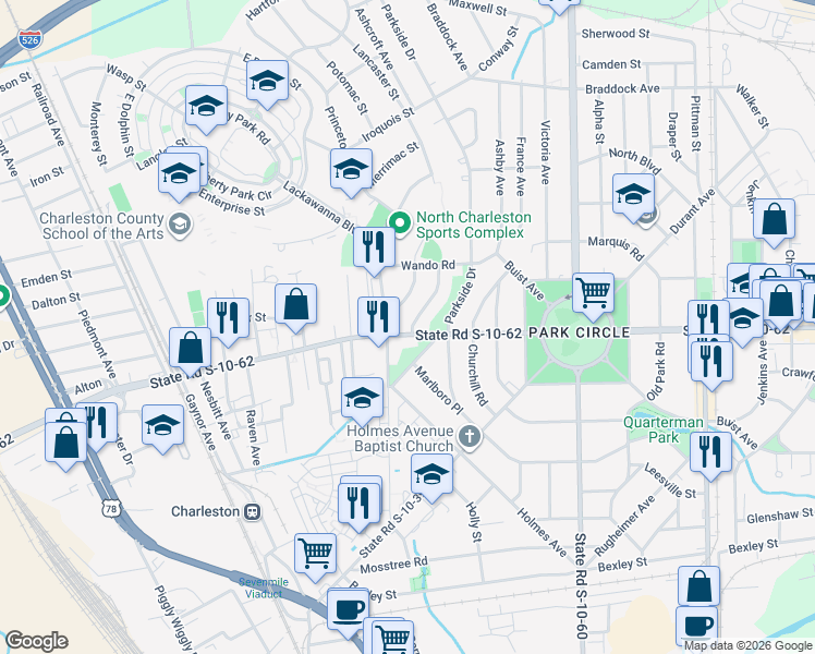 map of restaurants, bars, coffee shops, grocery stores, and more near 4801 Boulevard Lane in North Charleston